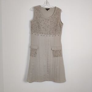 Emotions Women's Sz 13 Beige Sleeveless Beaded Midi Dress with Crochet Bohemian